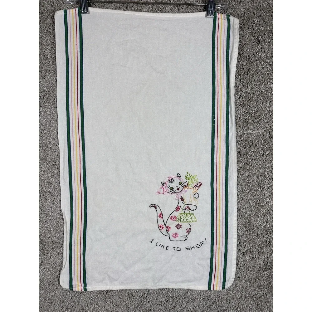 Vintage Embroidered Cat Kitchen Towel 